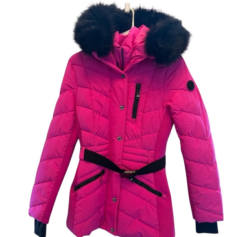 🆕MICHAEL Michael Kors Hot Pink Hooded Belted Puffer Coat ~New w/o tag! SIZE:S - Picture 2 of 9